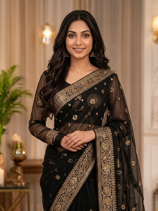 Embroidered Net Saree