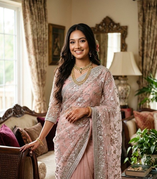 Embroidered Net Saree for Party Wear